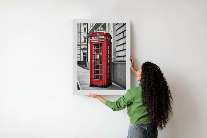 Plakat Czerwona Budka Telefoniczna Na Czarno Białej Ulicy