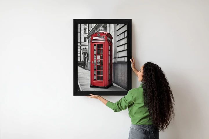 Plakat Czerwona Budka Telefoniczna Na Czarno Białej Ulicy