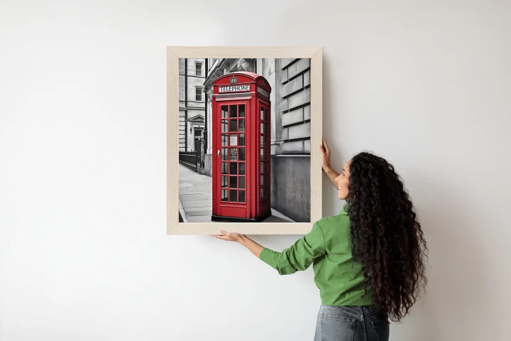 Plakat Czerwona Budka Telefoniczna Na Czarno Białej Ulicy