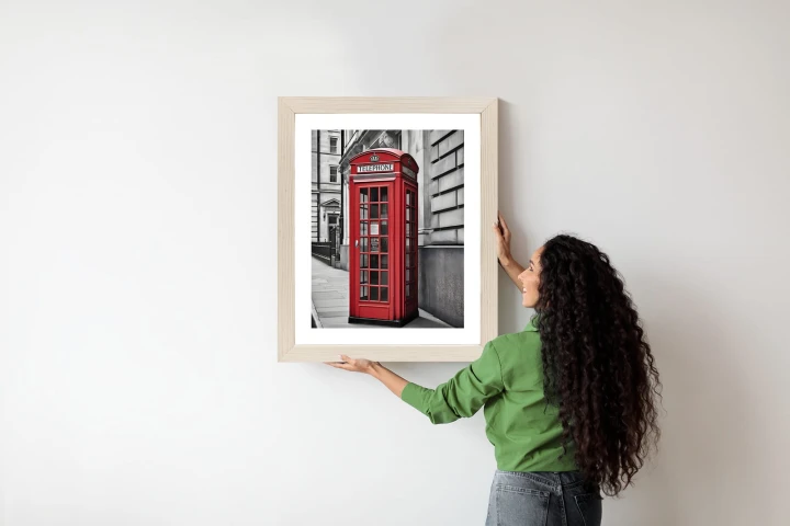 Plakat Czerwona Budka Telefoniczna Na Czarno Białej Ulicy