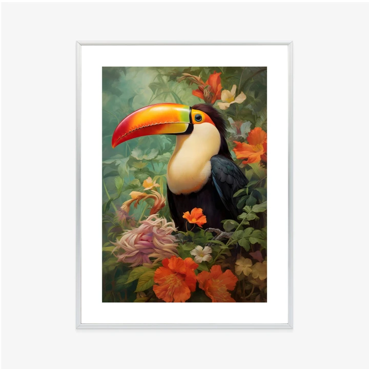 Plakat Ptak Tukan Pośród Bujnego Gobelinu Kolorowych Kwiatów