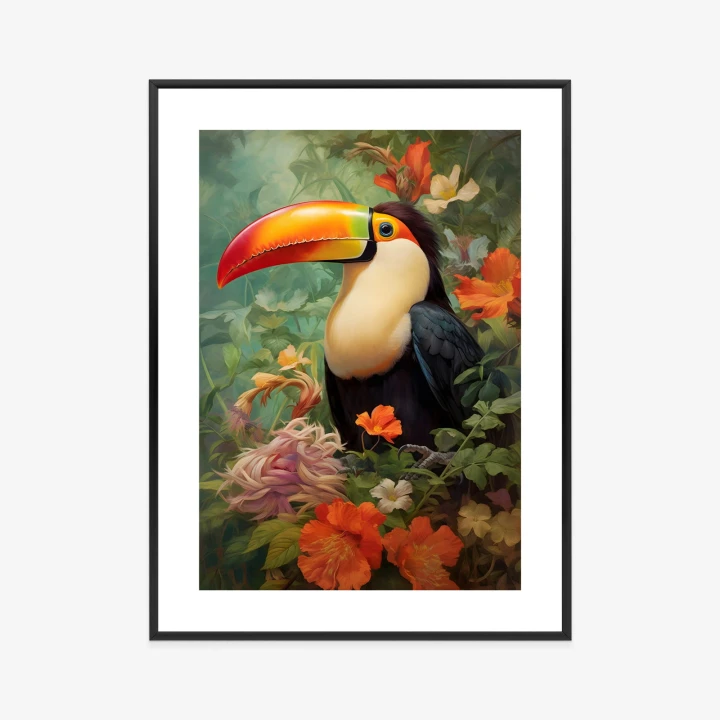 Plakat Ptak Tukan Pośród Bujnego Gobelinu Kolorowych Kwiatów