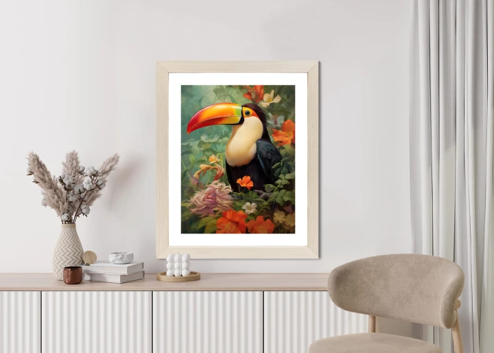 Plakat Ptak Tukan Pośród Bujnego Gobelinu Kolorowych Kwiatów