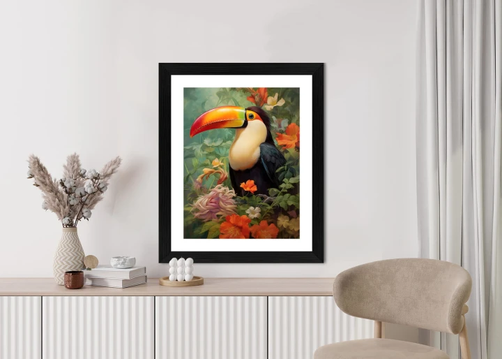 Plakat Ptak Tukan Pośród Bujnego Gobelinu Kolorowych Kwiatów