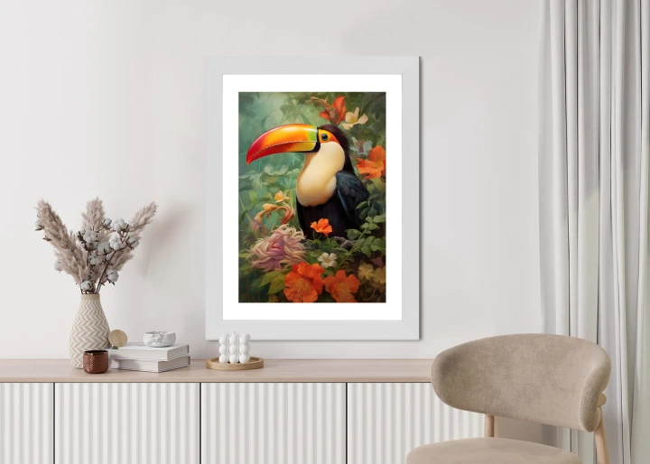 Plakat Ptak Tukan Pośród Bujnego Gobelinu Kolorowych Kwiatów