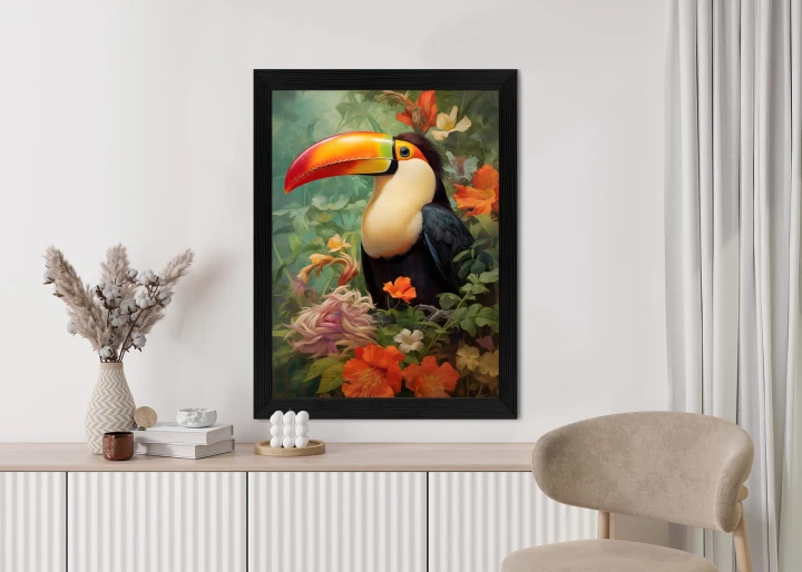 Plakat Ptak Tukan Pośród Bujnego Gobelinu Kolorowych Kwiatów