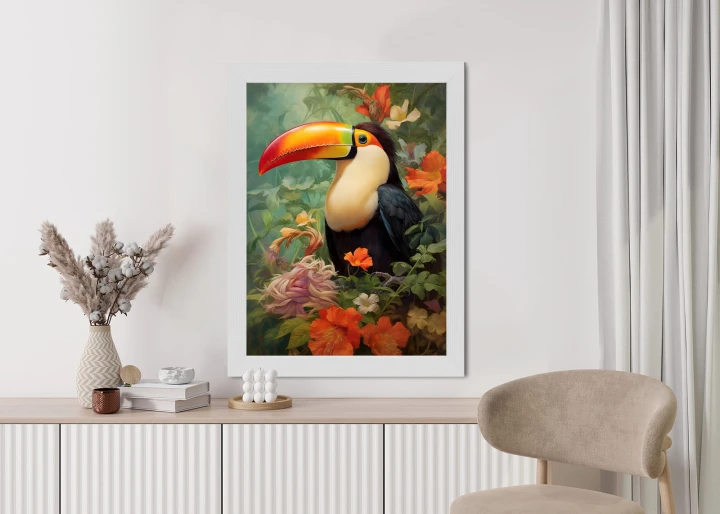 Plakat Ptak Tukan Pośród Bujnego Gobelinu Kolorowych Kwiatów