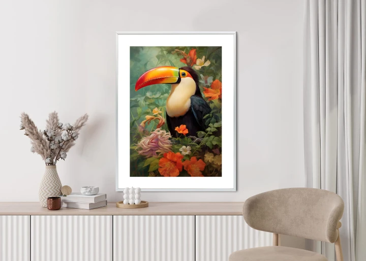 Plakat Ptak Tukan Pośród Bujnego Gobelinu Kolorowych Kwiatów