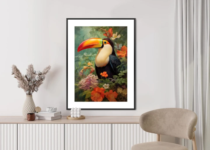 Plakat Ptak Tukan Pośród Bujnego Gobelinu Kolorowych Kwiatów