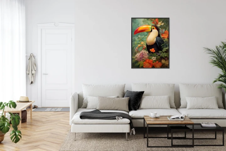 Plakat Ptak Tukan Pośród Bujnego Gobelinu Kolorowych Kwiatów