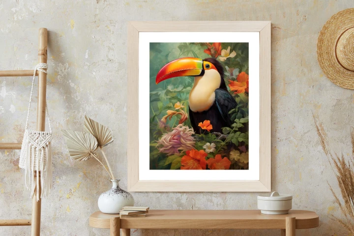 Plakat Ptak Tukan Pośród Bujnego Gobelinu Kolorowych Kwiatów