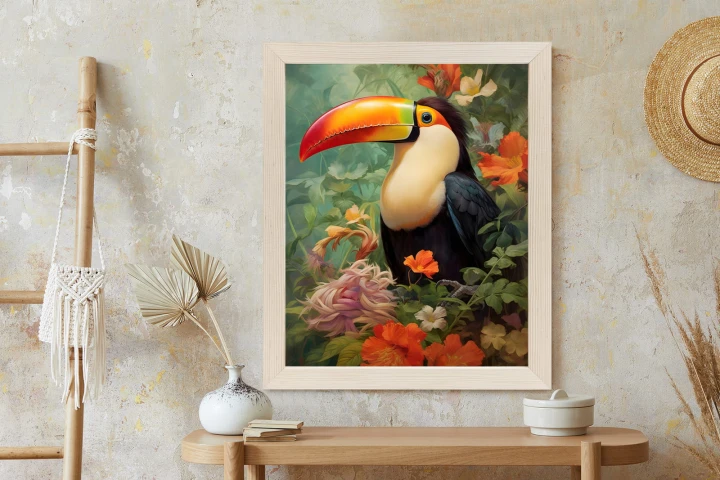 Plakat Ptak Tukan Pośród Bujnego Gobelinu Kolorowych Kwiatów