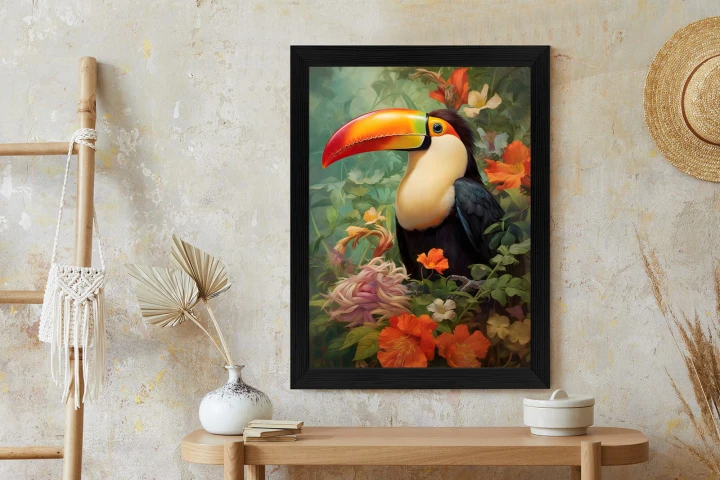 Plakat Ptak Tukan Pośród Bujnego Gobelinu Kolorowych Kwiatów