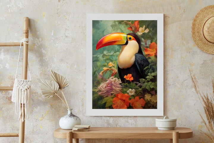 Plakat Ptak Tukan Pośród Bujnego Gobelinu Kolorowych Kwiatów