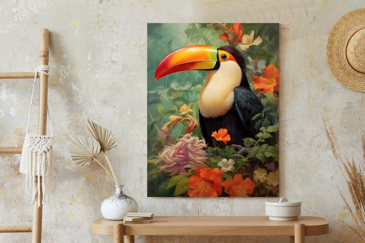 Plakat Ptak Tukan Pośród Bujnego Gobelinu Kolorowych Kwiatów
