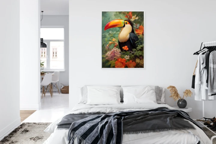Plakat Ptak Tukan Pośród Bujnego Gobelinu Kolorowych Kwiatów