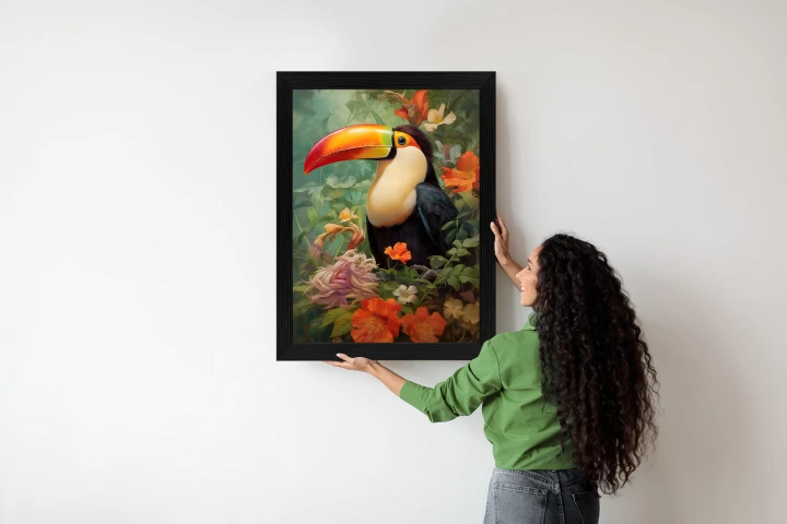 Plakat Ptak Tukan Pośród Bujnego Gobelinu Kolorowych Kwiatów