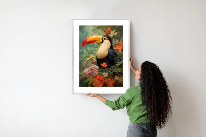 Plakat Ptak Tukan Pośród Bujnego Gobelinu Kolorowych Kwiatów
