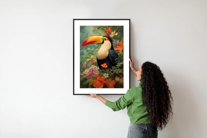 Plakat Ptak Tukan Pośród Bujnego Gobelinu Kolorowych Kwiatów