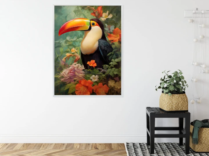 Plakat Ptak Tukan Pośród Bujnego Gobelinu Kolorowych Kwiatów