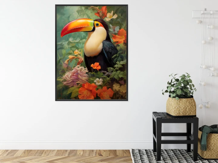 Plakat Ptak Tukan Pośród Bujnego Gobelinu Kolorowych Kwiatów