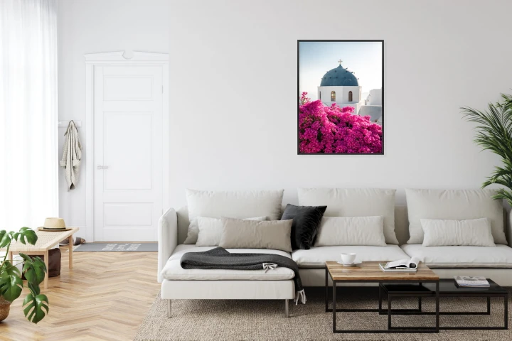 Plakat Typowa Architektura Santorini I Kwitnąca Bugenwilla