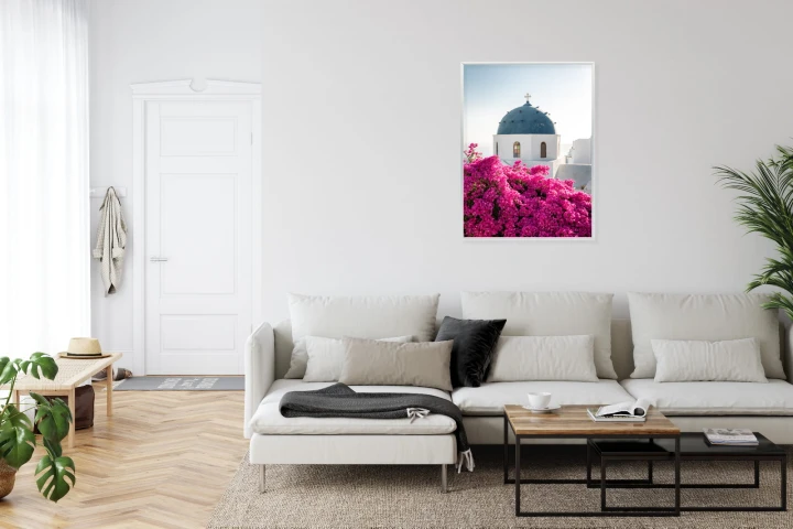 Plakat Typowa Architektura Santorini I Kwitnąca Bugenwilla