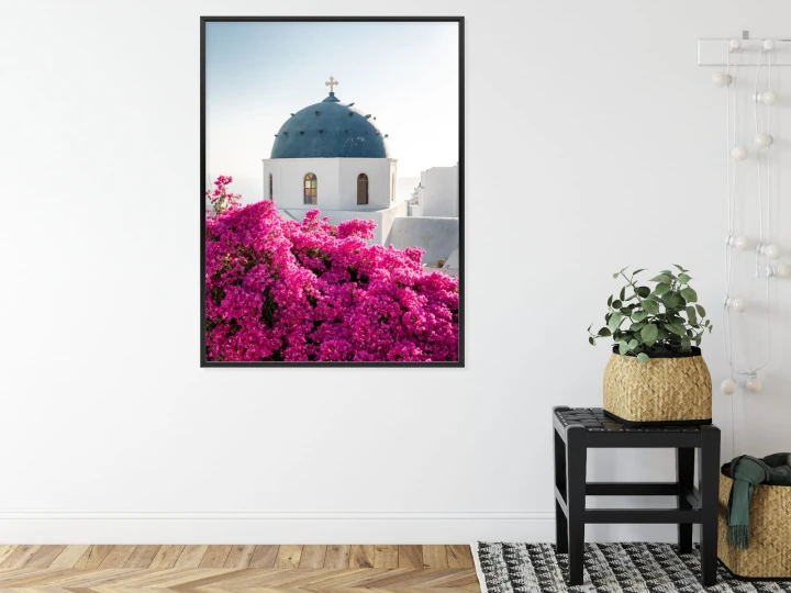 Plakat Typowa Architektura Santorini I Kwitnąca Bugenwilla