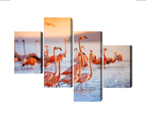 Obraz Wieloczęściowy Stado Flamingów Nad Wodą