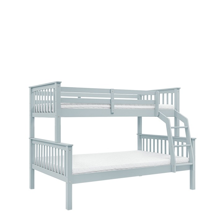 drewniane łóżko piętrowe Collet 120x200 niebieskie z szerokim dolnym łóżkiem