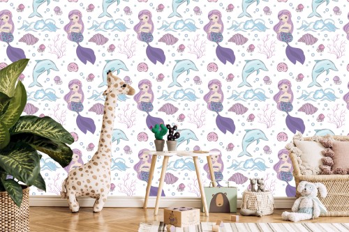 Tapeta Kolorowe Syrenki I Delfiny