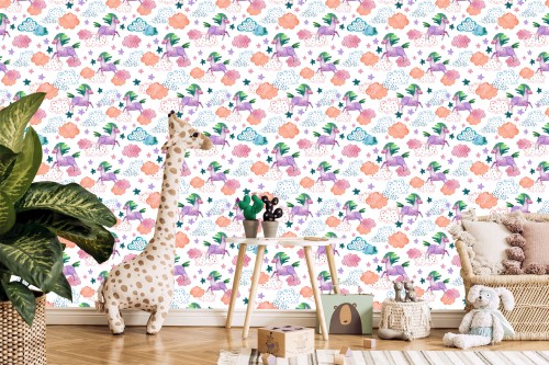 Tapeta Dla Dzieci – Kolorowe Jednorożce W Stylu Skandynawskim