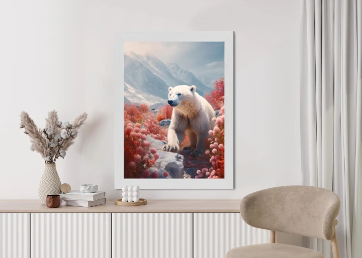 Plakat Biały Niedźwiedź Wśród Kwiatów