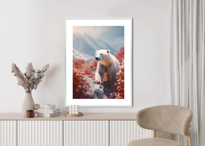 Plakat Biały Niedźwiedź Wśród Kwiatów