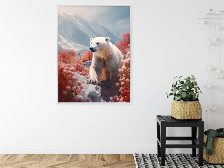 Plakat Biały Niedźwiedź Wśród Kwiatów