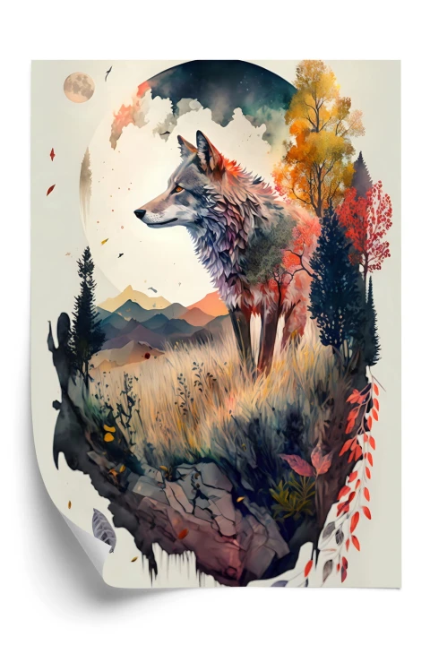 Plakat Kolorowy Wilk W Naturalnym Krajobrazie