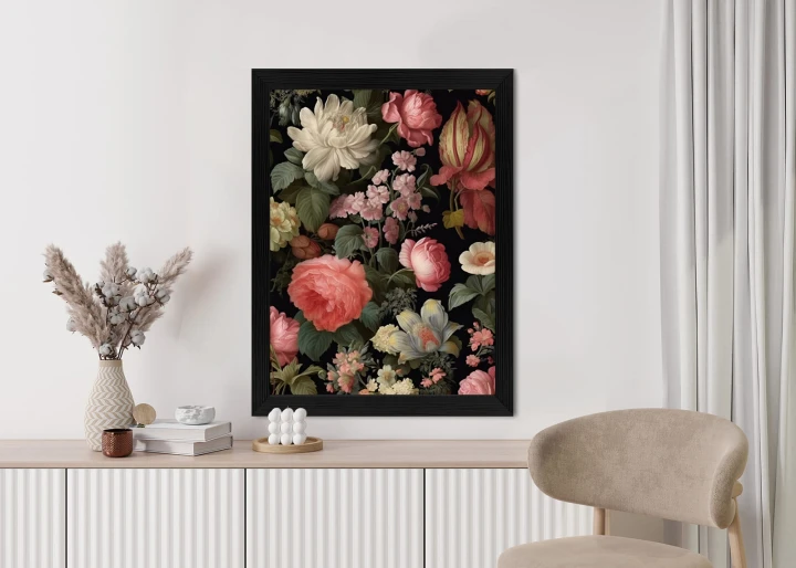 Plakat Kolorowe Kwiaty Na Czarnym Tle