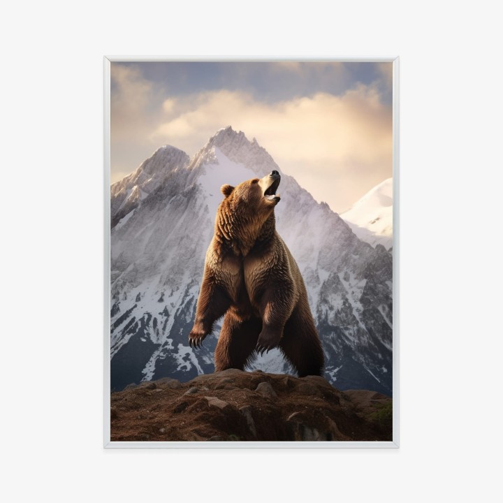Plakat Niedźwiedź Grizzly Na Śnieżnym Paśmie Górskim