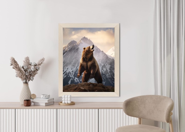 Plakat Niedźwiedź Grizzly Na Śnieżnym Paśmie Górskim