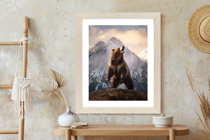 Plakat Niedźwiedź Grizzly Na Śnieżnym Paśmie Górskim