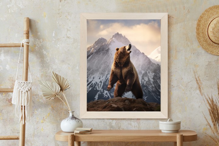 Plakat Niedźwiedź Grizzly Na Śnieżnym Paśmie Górskim