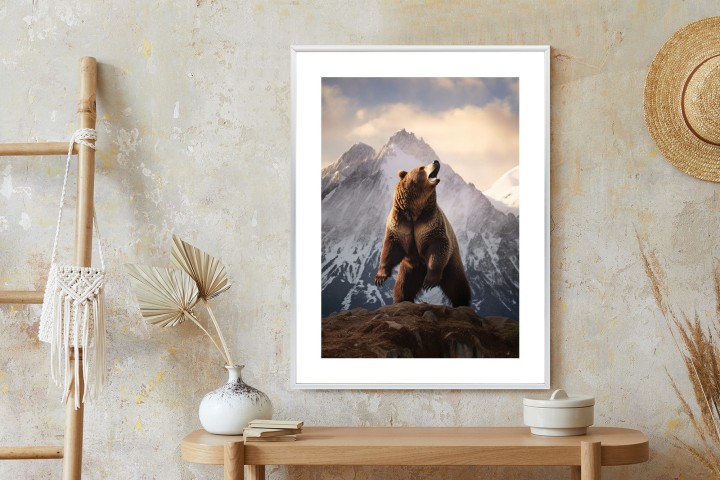 Plakat Niedźwiedź Grizzly Na Śnieżnym Paśmie Górskim