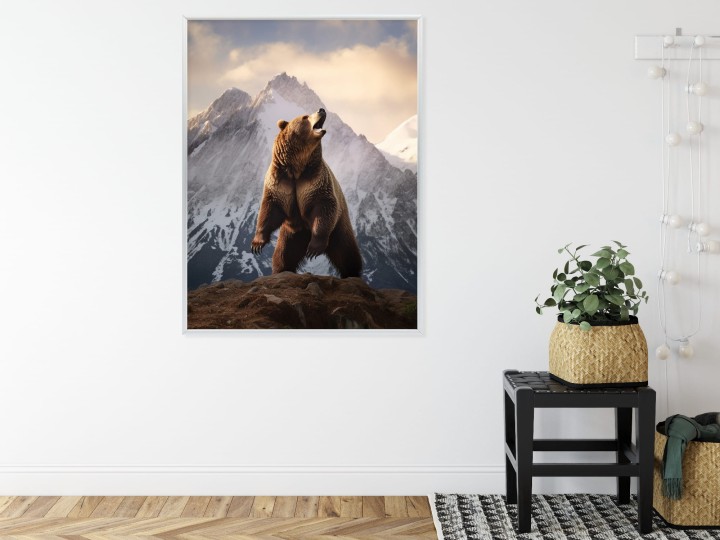 Plakat Niedźwiedź Grizzly Na Śnieżnym Paśmie Górskim