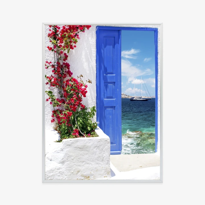Plakat Tradycyjne Greckie Drzwi Z Widokiem Na Morze