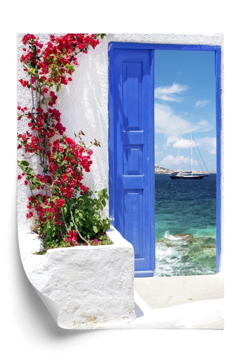 Plakat Tradycyjne Greckie Drzwi Z Widokiem Na Morze