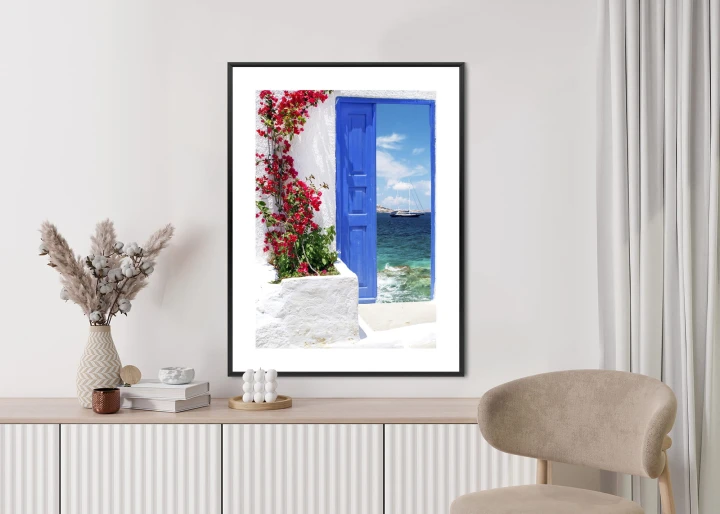 Plakat Tradycyjne Greckie Drzwi Z Widokiem Na Morze