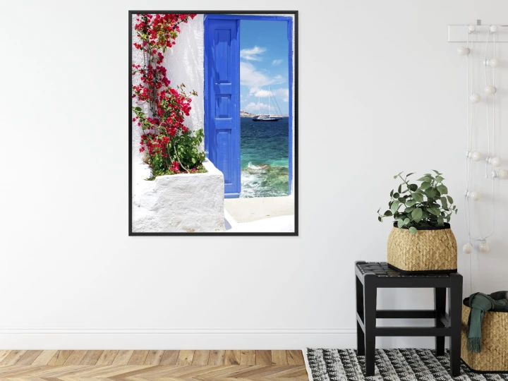 Plakat Tradycyjne Greckie Drzwi Z Widokiem Na Morze