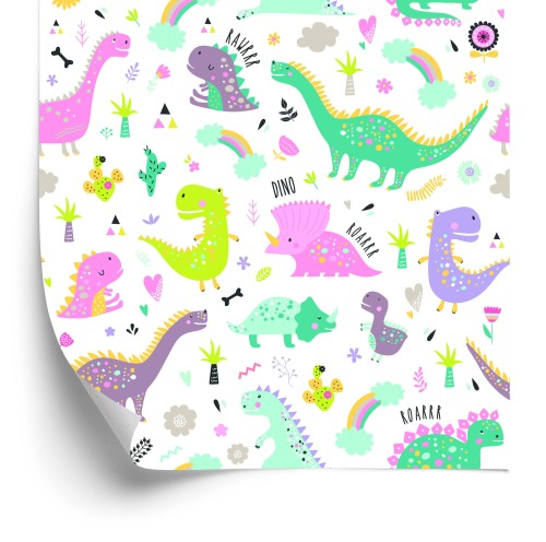 Tapeta Dla Dzieci, Dinozaury Kwiaty Kaktusy Tęcza