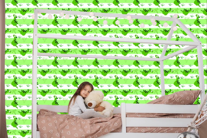Tapeta Dla Dzieci - Dinozaury Na Tle Zielono - Białych Pasków
