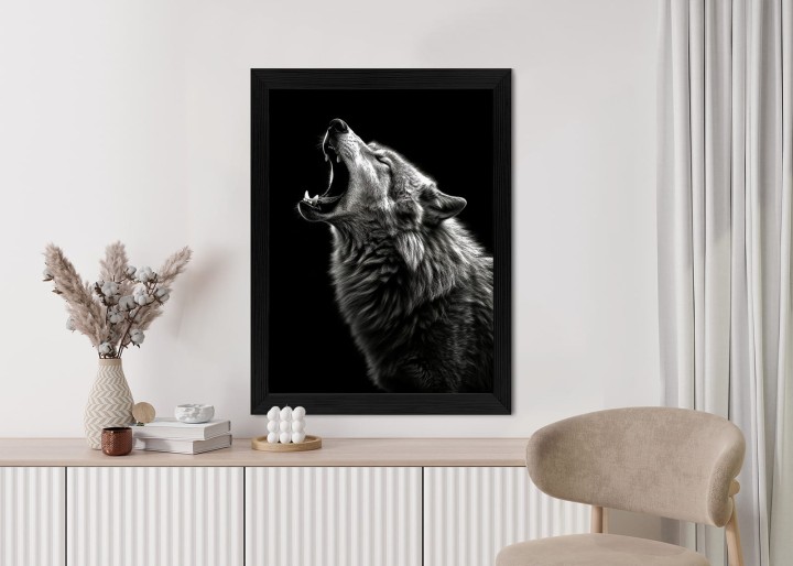 Plakat Wyjący Wilk Na Czarnym Tle